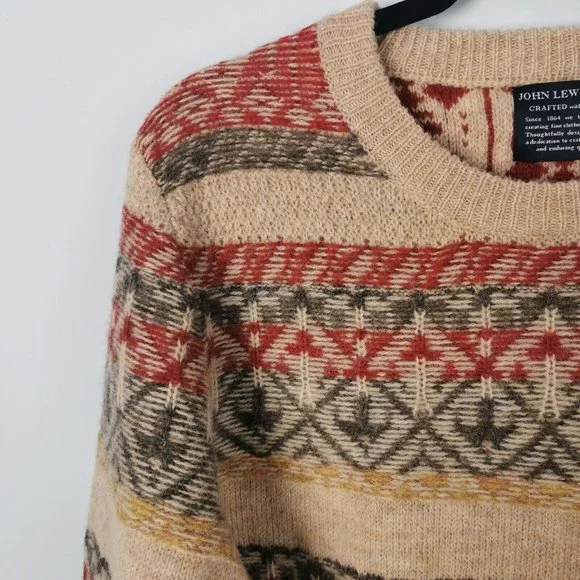 JOHN LEWIS Fair Isle Weave Wool Jumper Oatmeal Red Grey Patterned Size Large 44" - Picture 6 of 8